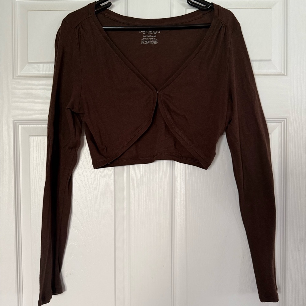 American Eagle Outfitters Brown Cropped Long Sleeve Twist-Front Top